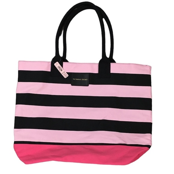 Victoria's Secret Handbags - Victoria’s Secret Pink Black Stripe Canvas Adorable Tote Beach Weekender BNWT